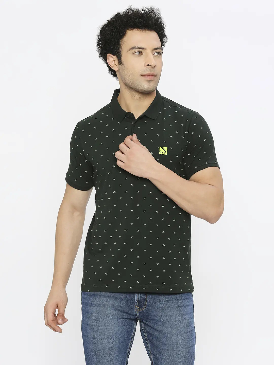 Daily Deals Spykar Men Bottle Green Blended Regular Fit Half Sleeve Printed Polo Tshirt
