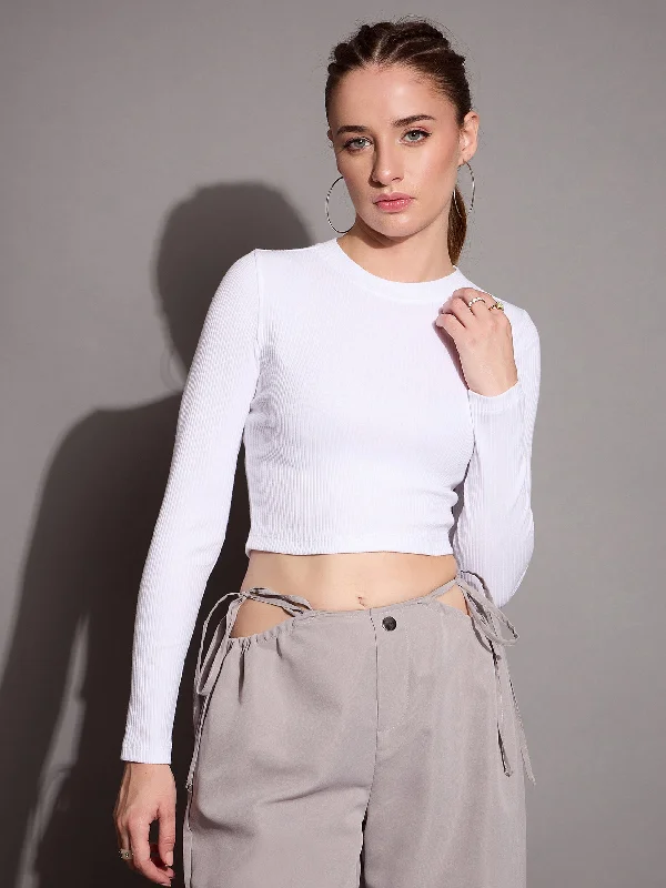 Today Only Women White Rib Full Sleeve Crop Top