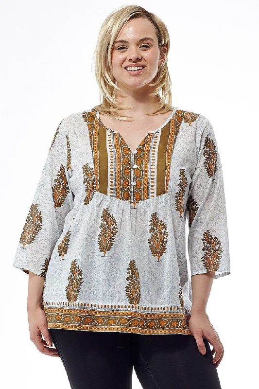 Plus Size Sage Block Print Cotton Tunic Top