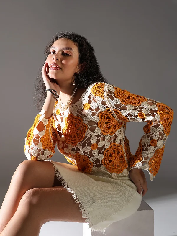 Midnight Madness Women Orange Floral Crochet Crop Top