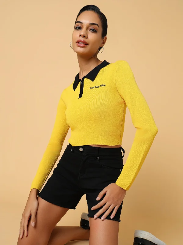 Special Offer Women Solid Yellow Fitted Top
