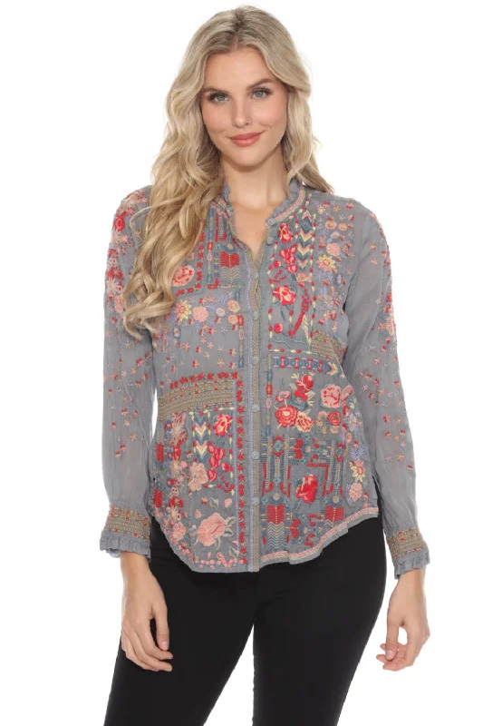 Johnny Was Grey Embroidered Button-Down Blouse JW01