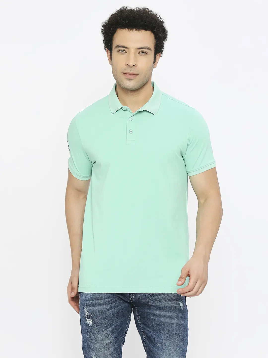 Buy Now Spykar Men Ice Green Blended Regular Fit Half Sleeve Plain Polo Tshirt