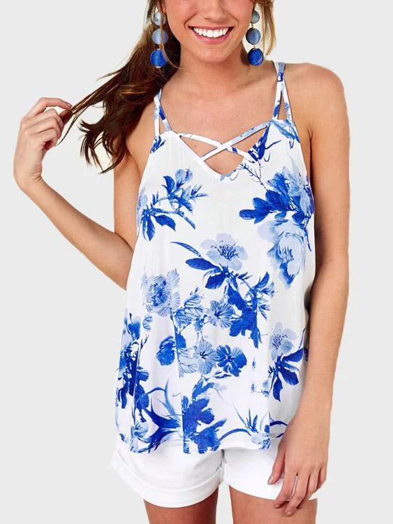 Custom V-Neck Floral Print Hollow Sleeveless Grid Camis