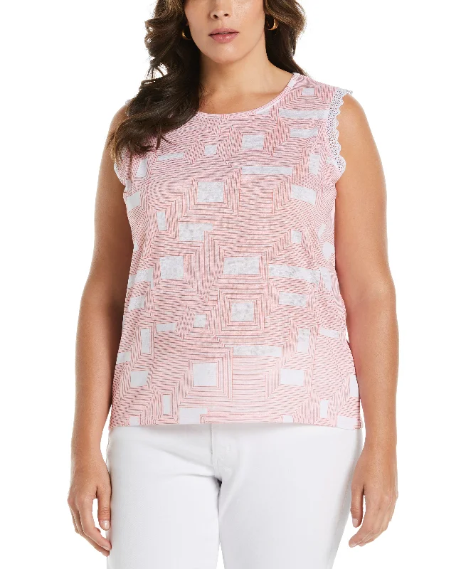 Best Seller Plus Size Geometric Print Crochet Trim Top
