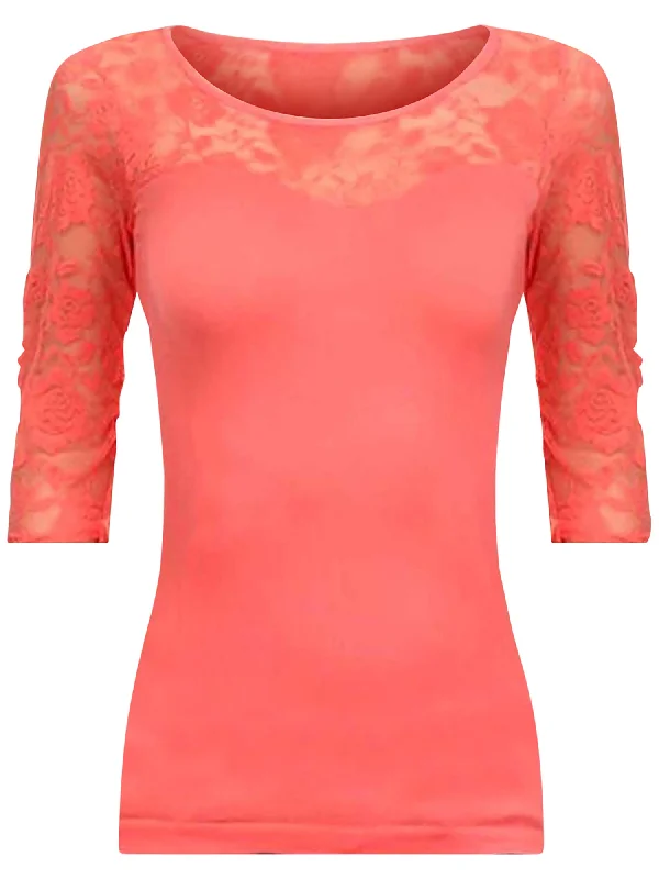 Coral Pink Lightweight Three Quarter Sleeve Top With Lace Trim