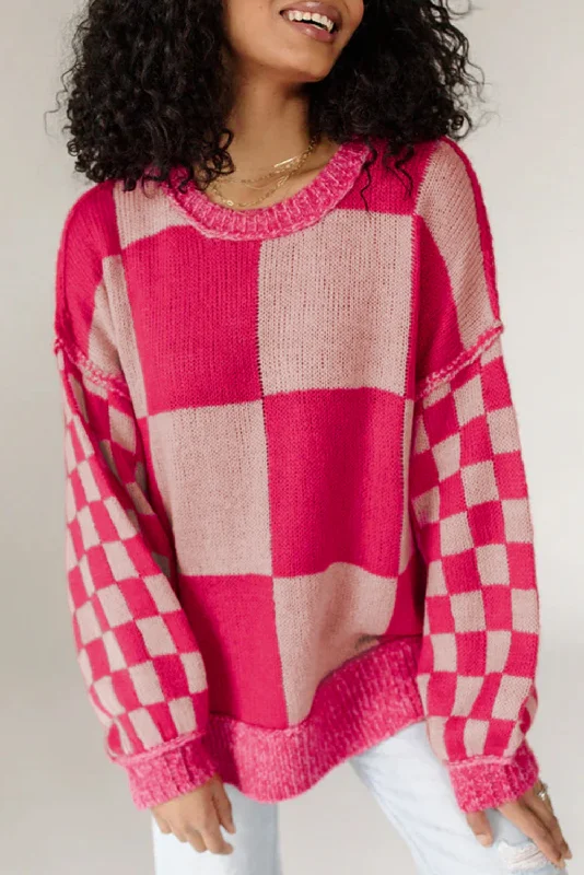 KaleaBoutique Mixed Checkered Pattern Drop Shoulder Loose Sweater