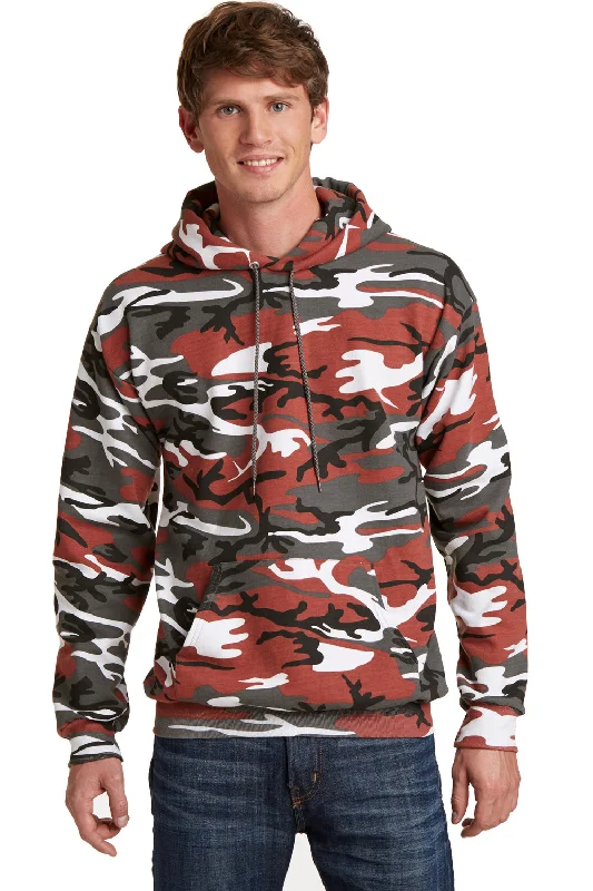 Limited Stock Port & Company Mens Core Pill Resistant Fleece Hooded Sweatshirt Hoodie w/ Pouch Pocket - Red Camo