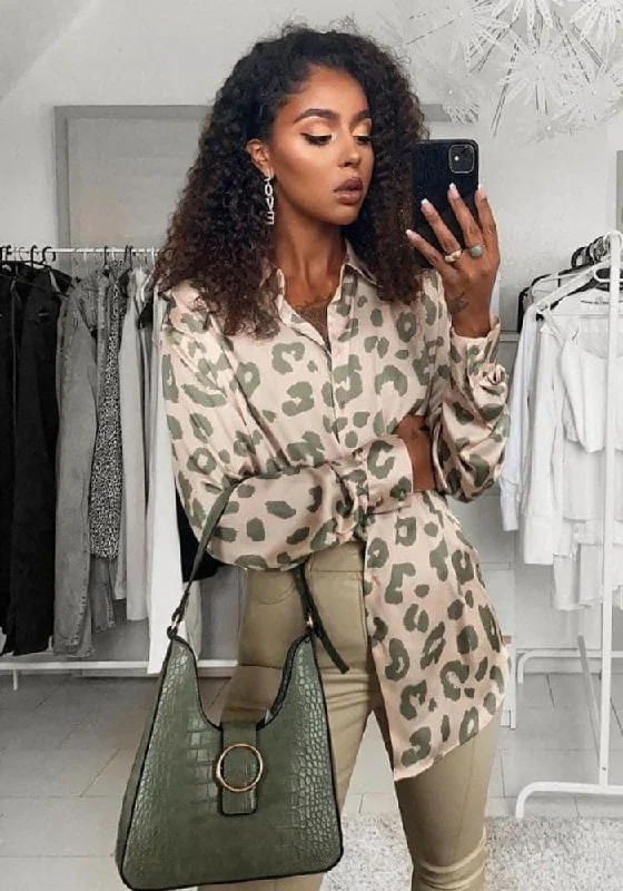 Green Satin Leopard Print Blouse