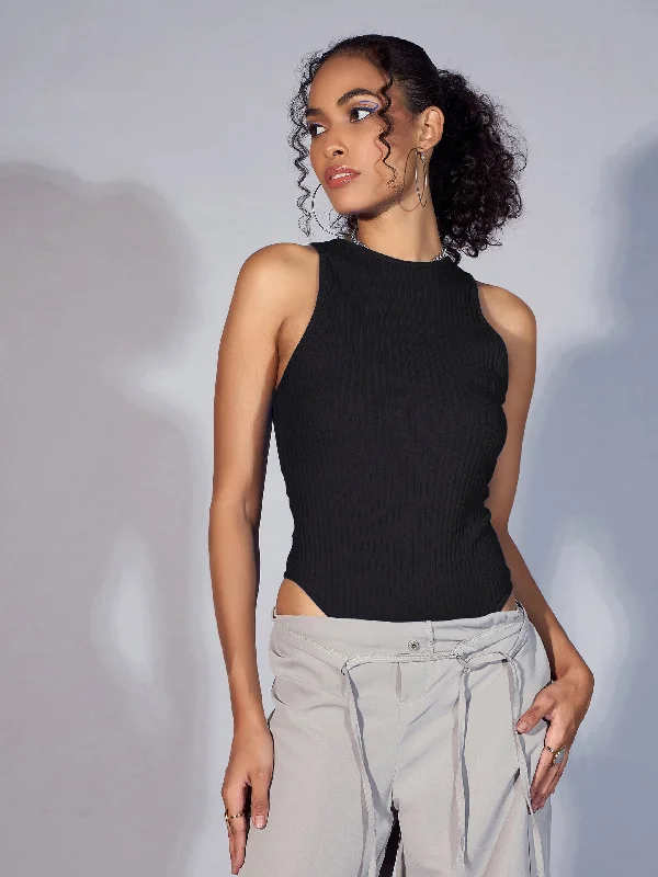 Weekend Wonders Await! Women Black Rib Round Neck Sleeveless Bodysuit