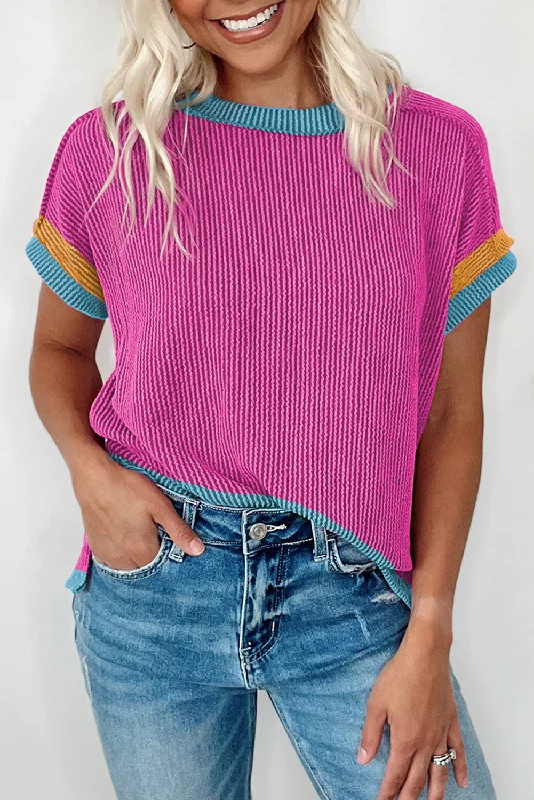 Bright Pink Textured Contrast Color Round Neck T Shirt