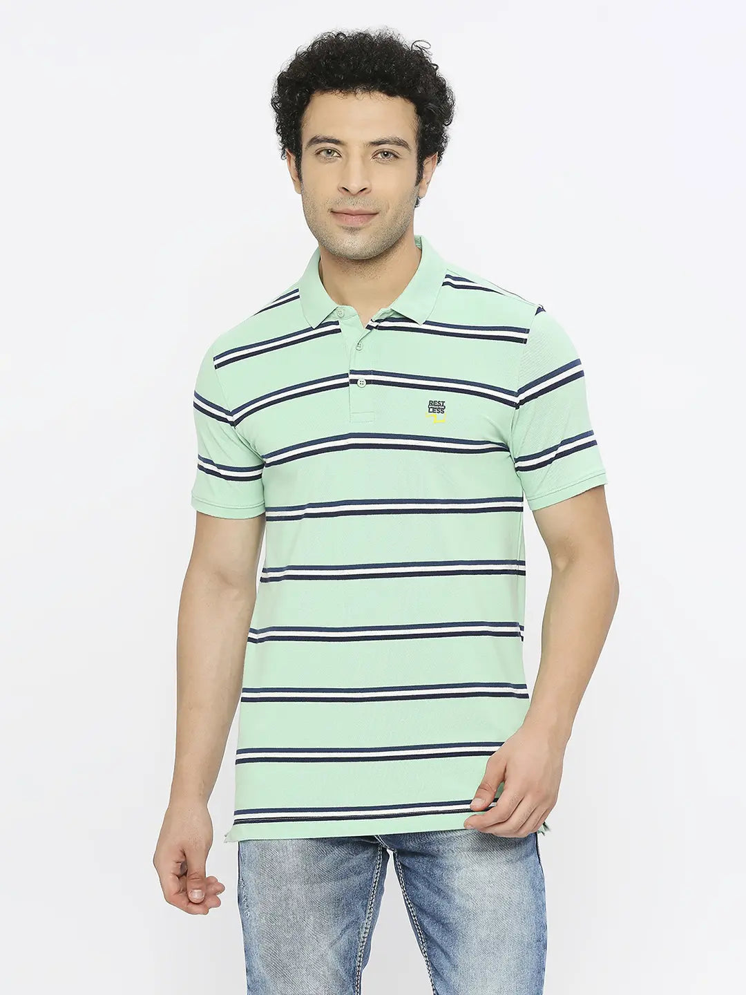 Epic Deals Spykar Men Dusty Ice Green Blended Regular Fit Half Sleeve Striped Polo Tshirt