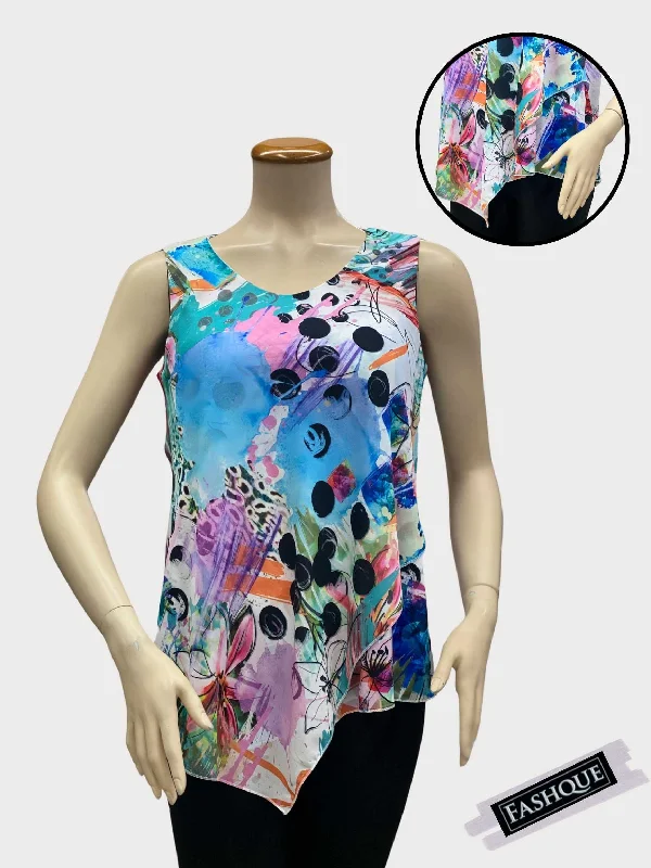 FASHQUE - Asymmetrical Round-Neck Multi-Media Sleeveless Top - T2540