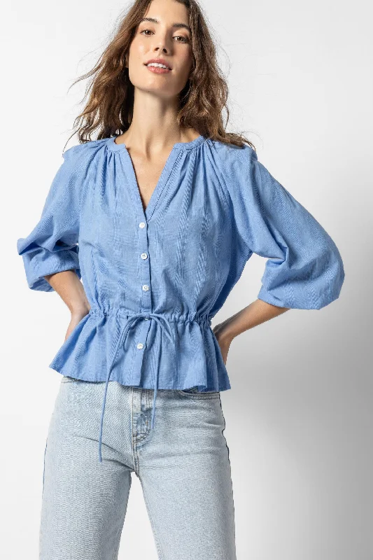 Tie Waist Button Down in Blue