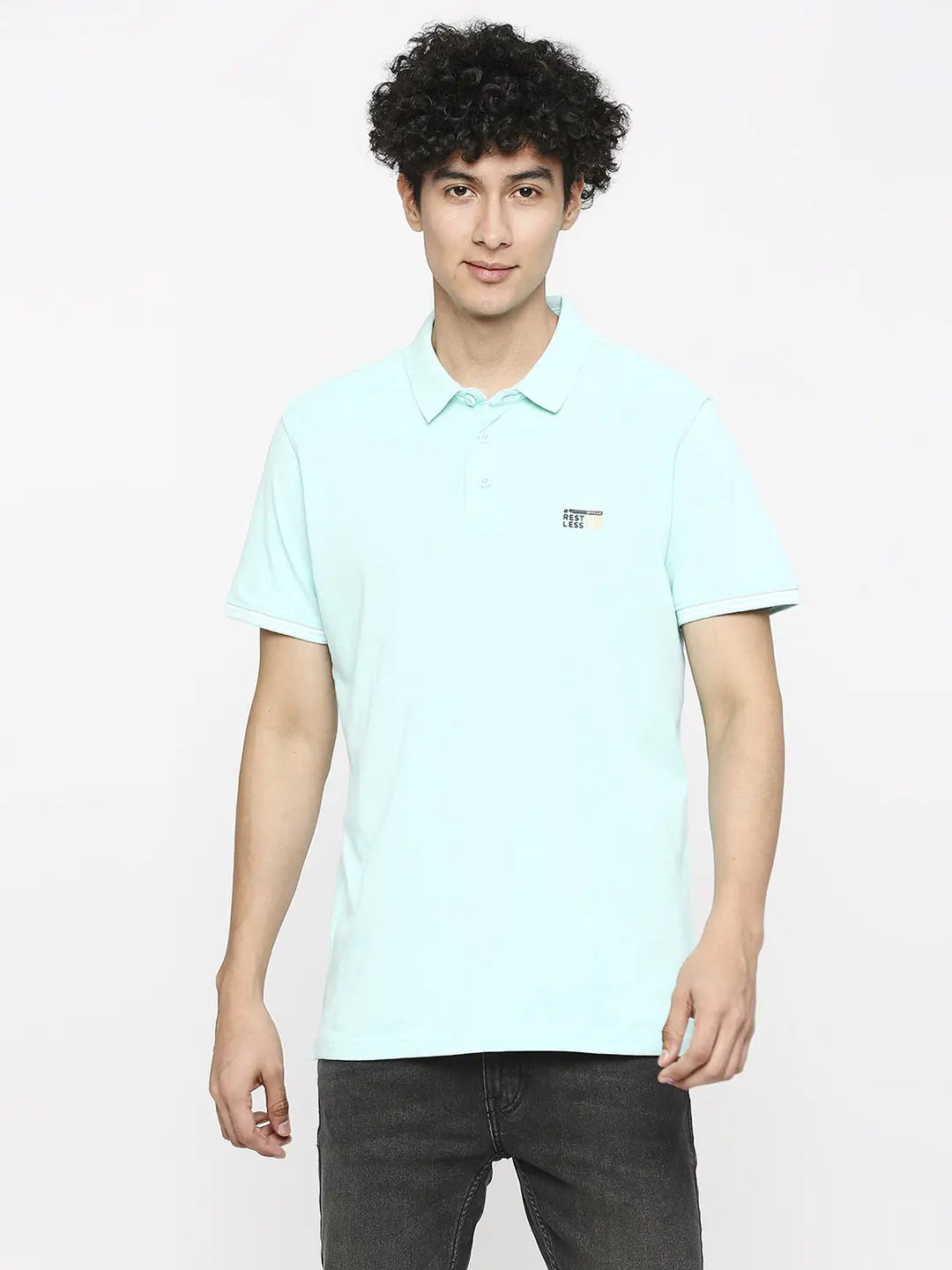 Savings Galore Spykar Men Bleached Aqua Cotton Slim Fit Polo Neck Plain T-Shirt