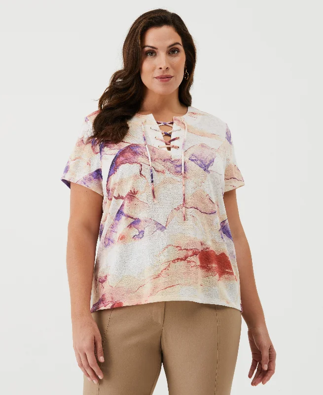 Weekend Offers That Impress Plus Size Eco Watercolor Print Lace-Up Tee