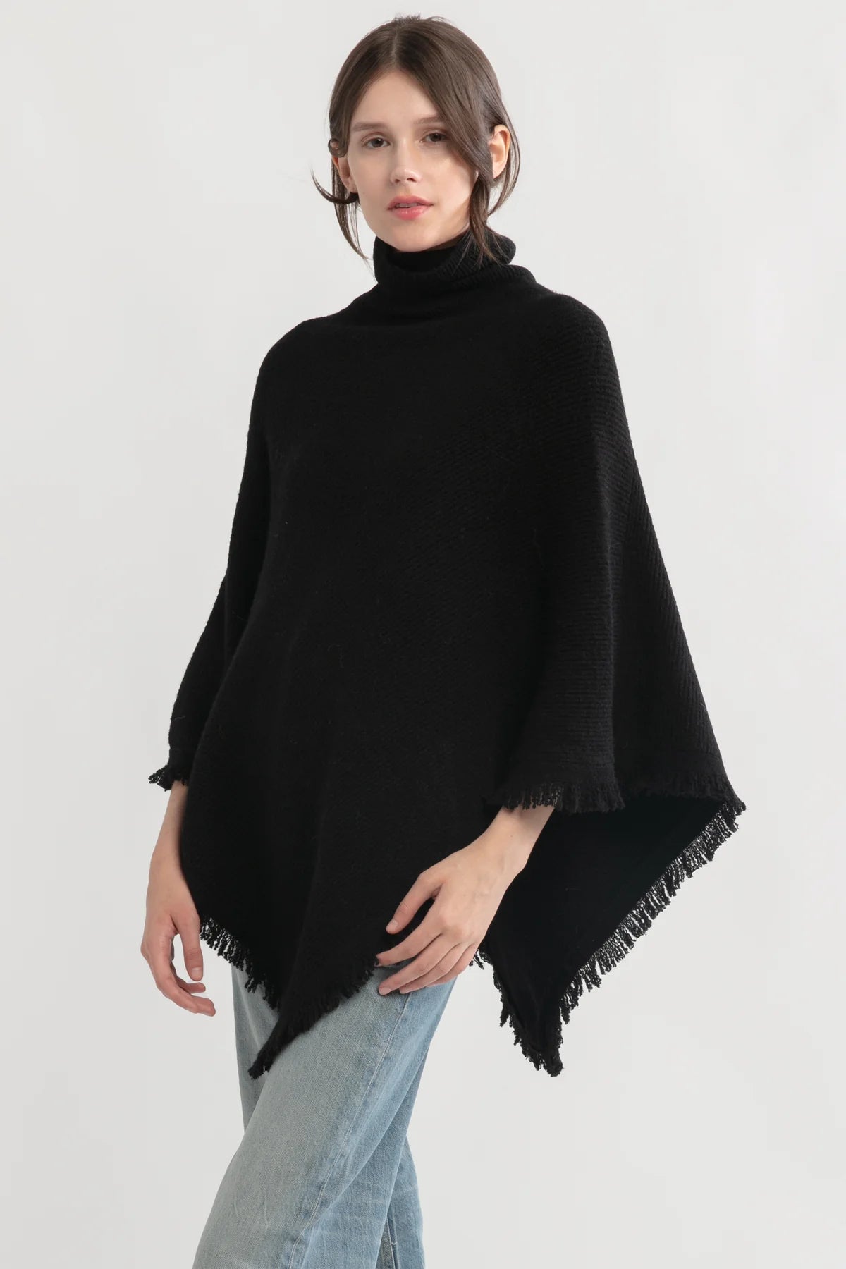 Tassel Knit Cape Poncho in Black