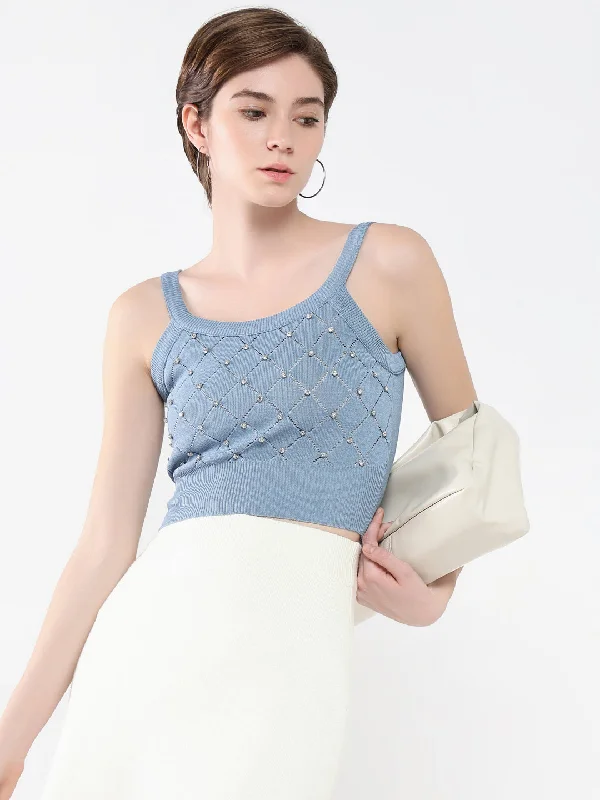 Take Action Women Embellished Blue Tank Top