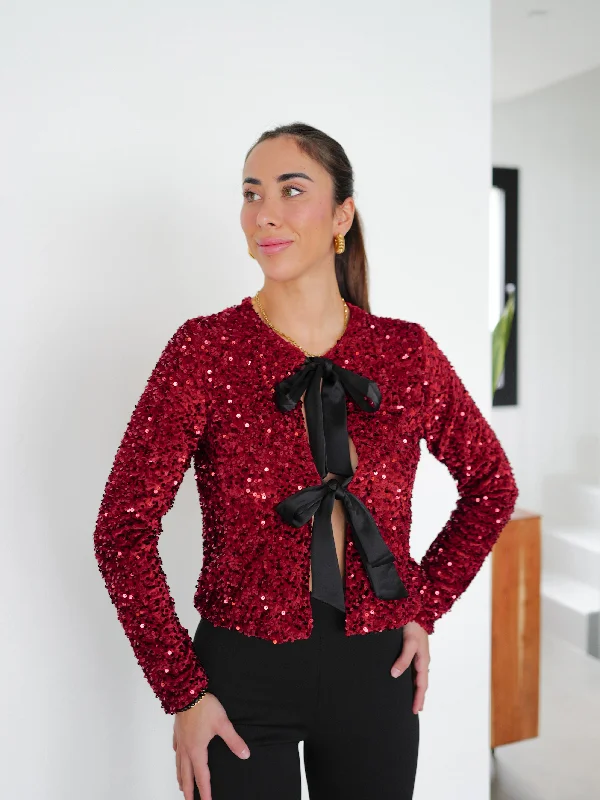 Burgundy velvet bow velvet sequin turtleneck