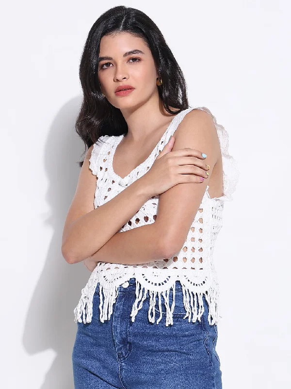 Weekend Savings Spectacular Women White Solid Crop Crochet Top