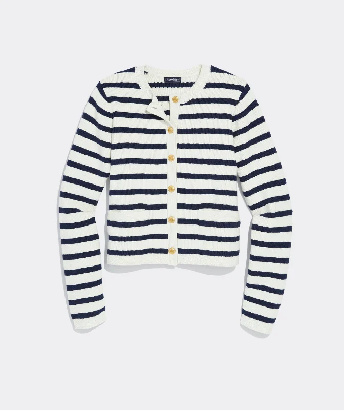 Cotton Cashmere Stripe Crew Cardigan