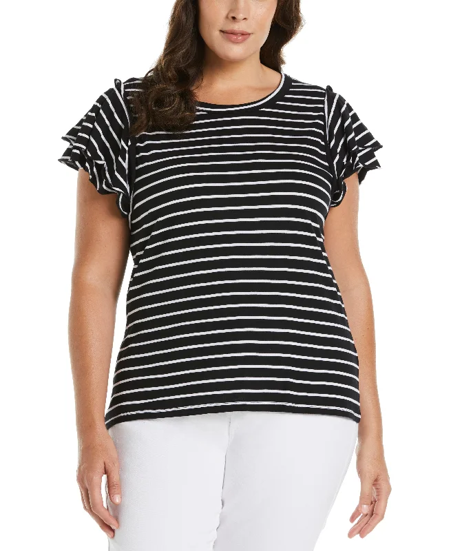 New Deal Plus Size Stripe Ruffle Sleeve Tee