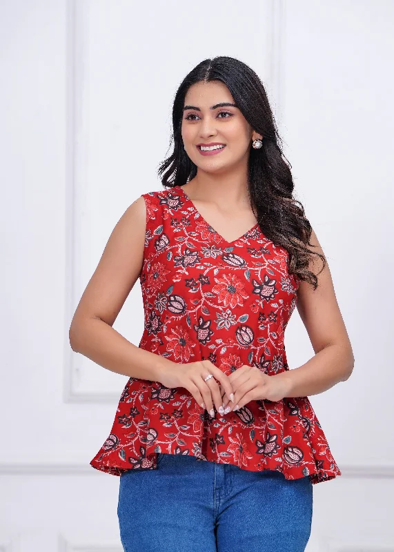 Unwind with Weekend Discounts Red Floral Printed Peplum Tunic for Women