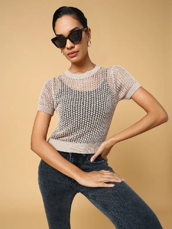 Weekend Deals to Make You Happy Women Beige Solid Crochet Top