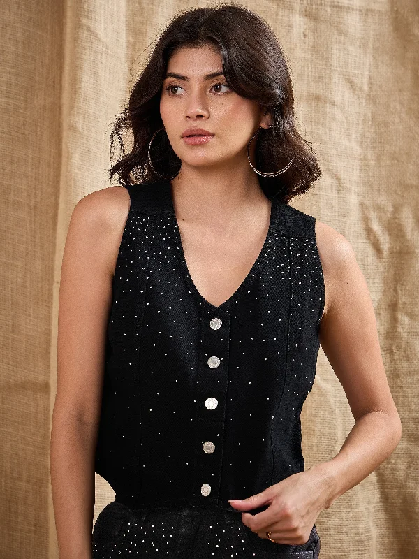 Savings Soar This Weekend Women Black Denim Studded Waistcoat Top