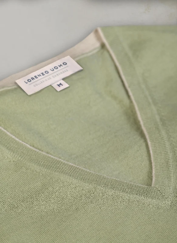 Deal of the Week Men's St. Barths Contrast V-Neck Cashmere Sweater in Green