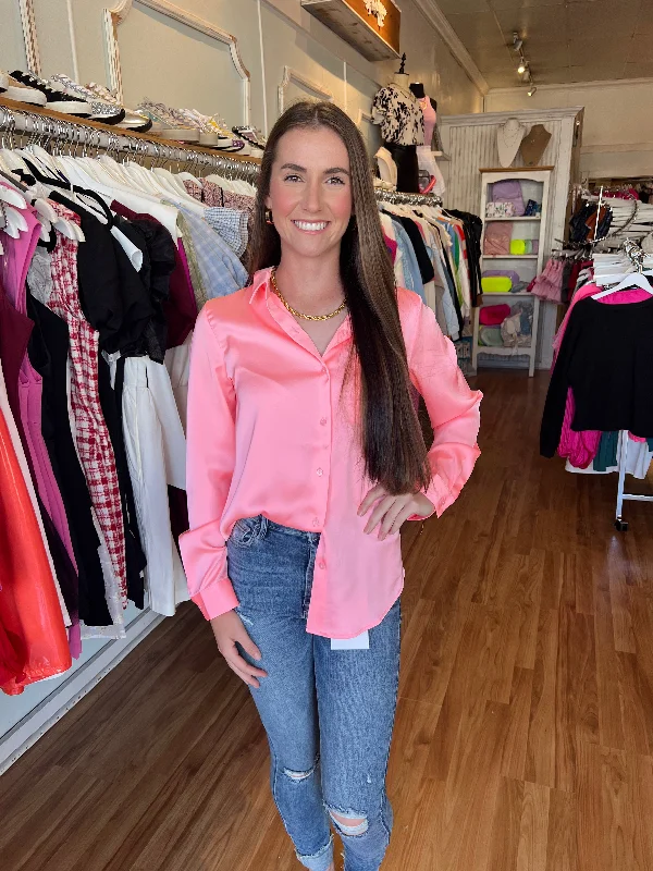 Pink Satin Button Down Blouse