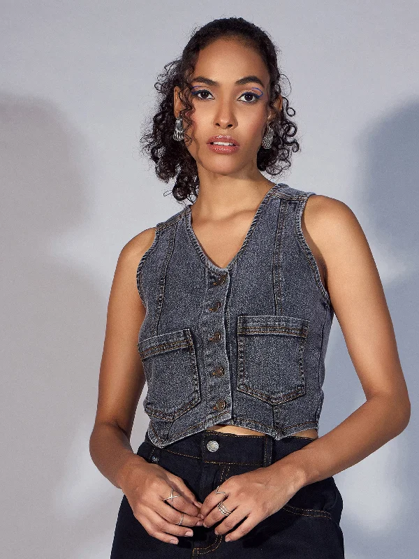 Weekend Offers That Please Women Black Denim Waistcoat Top