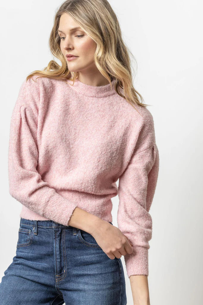 Pleated Sleeve Crewneck in Peony