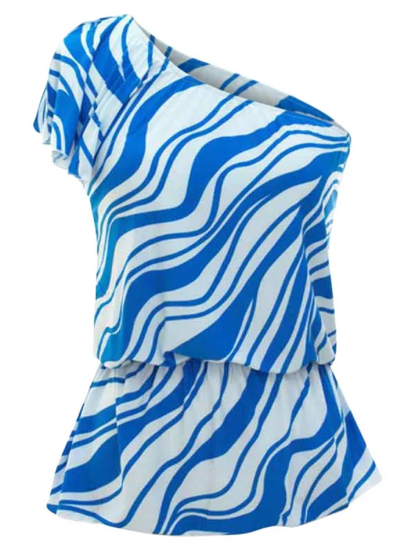 Blue & White Patterned One Shoulder Top Size Medium