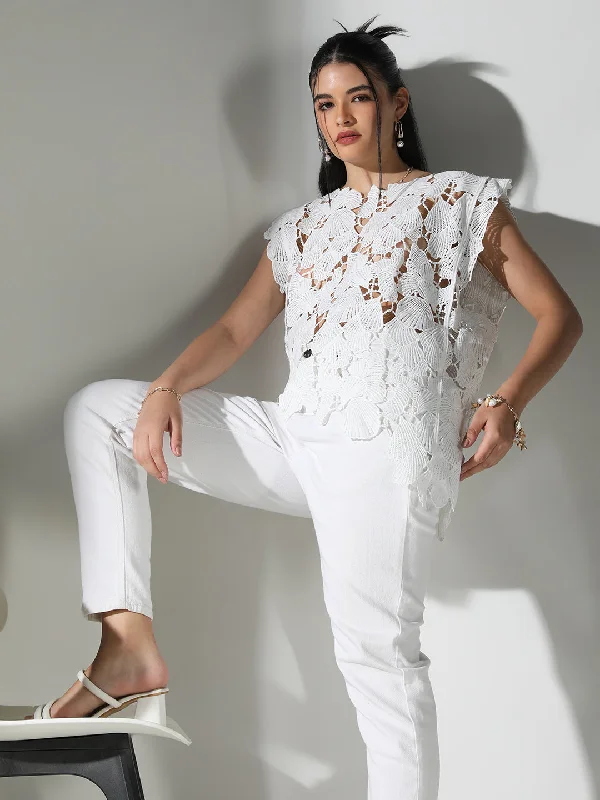 Weekend Deals to Make You Happy Women White Floral Crochet Top