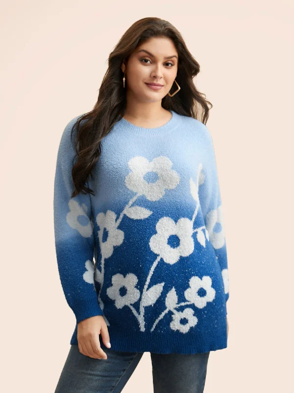 Floral Jacquard Ombre Drop Shoulder Pullover