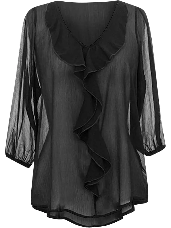 Black Sheer Chiffon Top With Ruffled Neckline Size Small