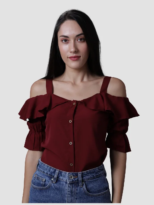 Dark Cherry Ruffle Neck Top