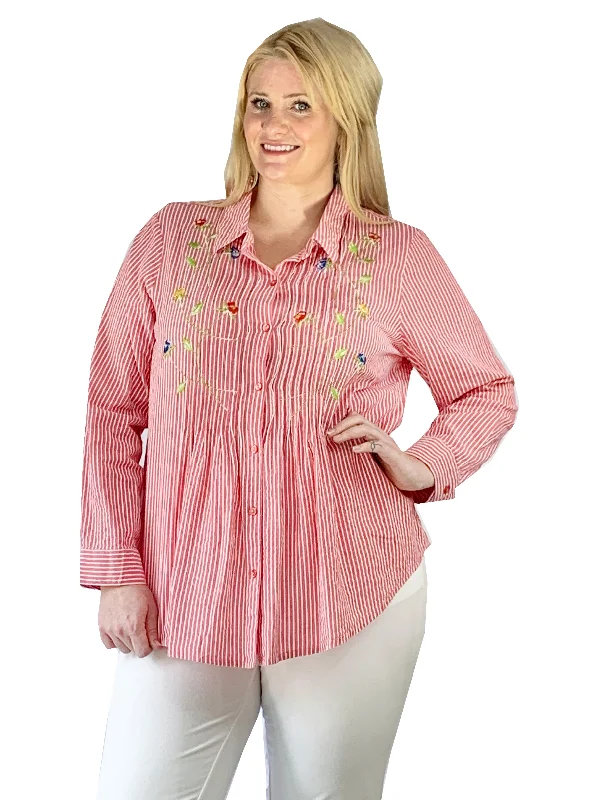 Seersucker Embroidered Button Front Shirt - Plus Size