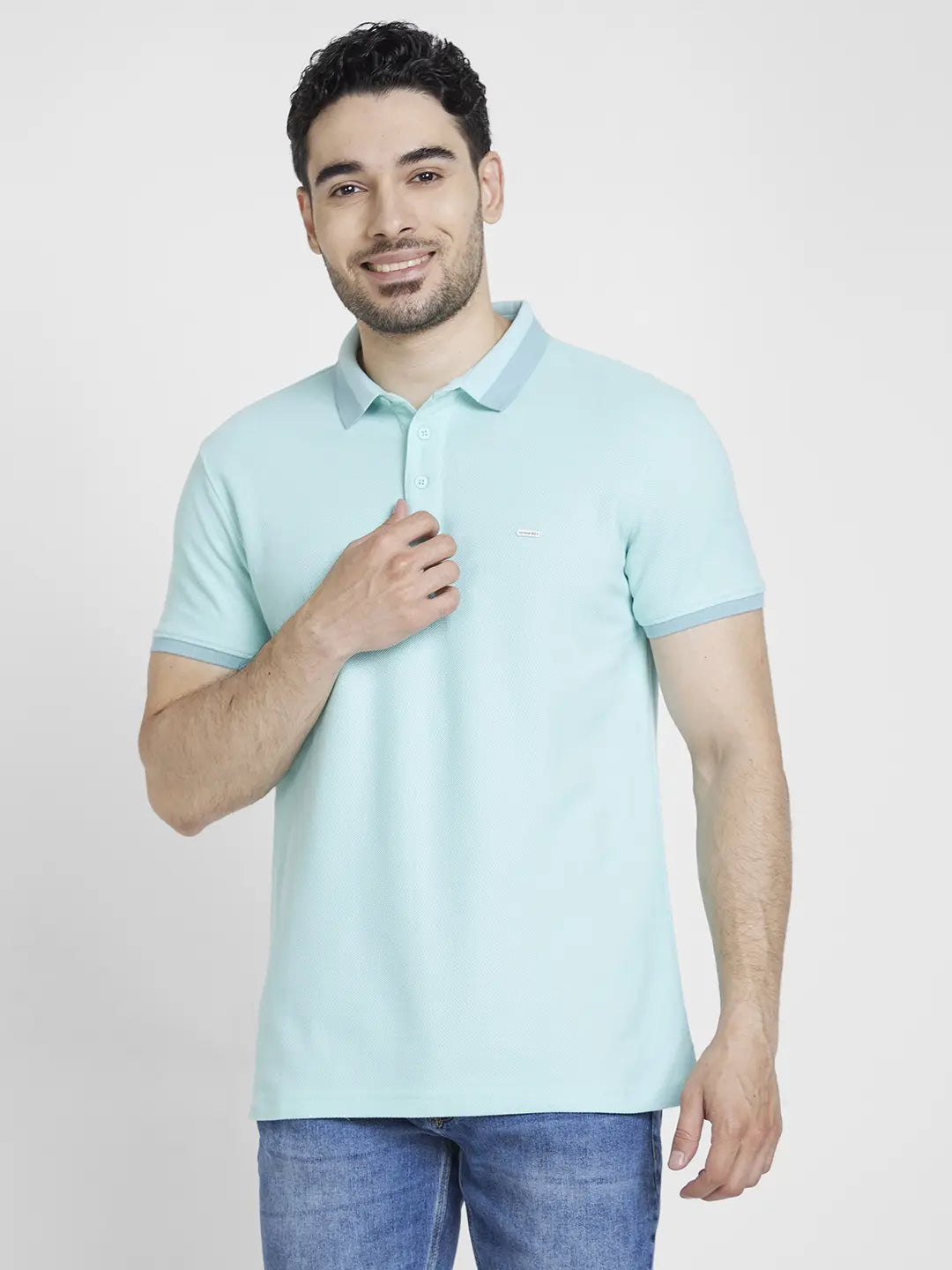 Deal Alert Spykar Men Bleached Aqua Cotton Slim Fit Plain Polo Tshirt