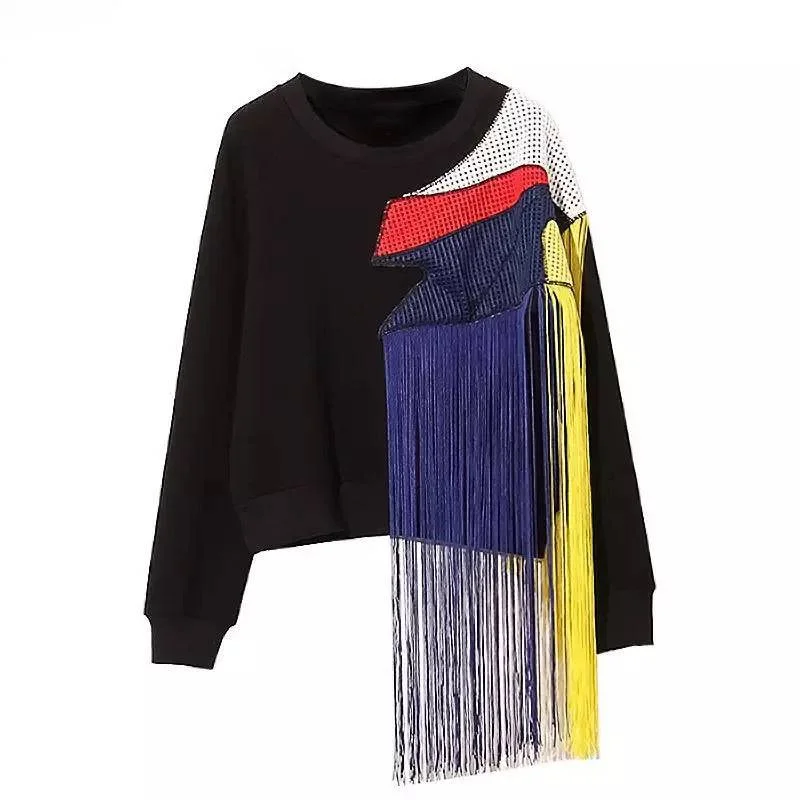 Weekend Deals to Make You Happy Colorful Patchwork Long Tassel Pullover