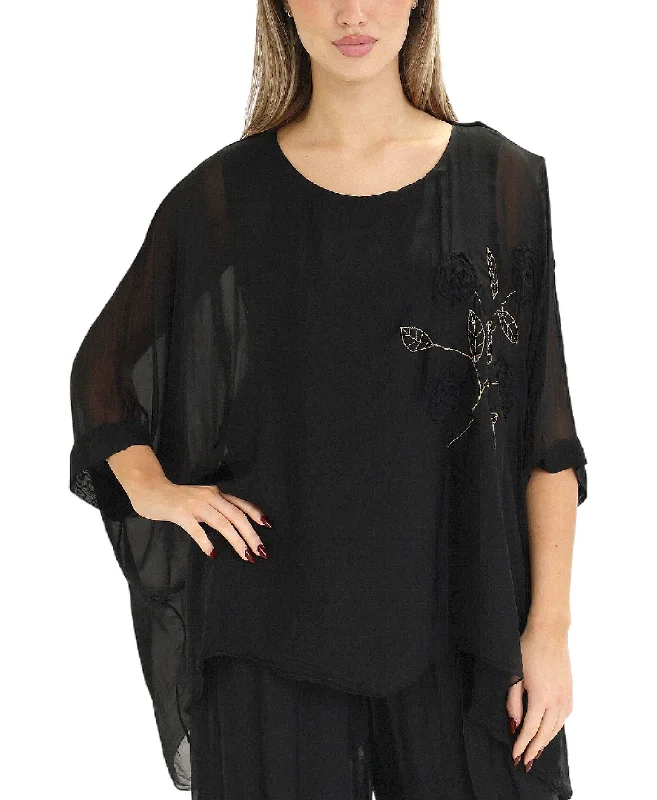 The Best Deal Silk Hanky Hem Top w/ Floral Embroidery