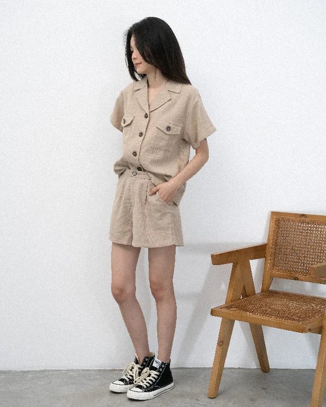 Weekend Offers That Impress Linen Notch Collar Cargo Pocket Top (Khaki)