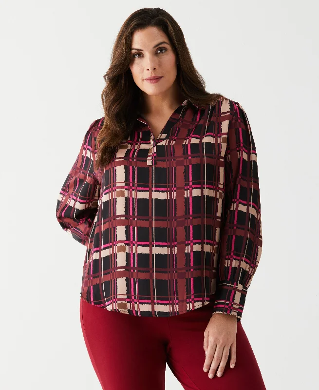 Stock Up Plus Size Plaid Shirred Split Neck Blouse