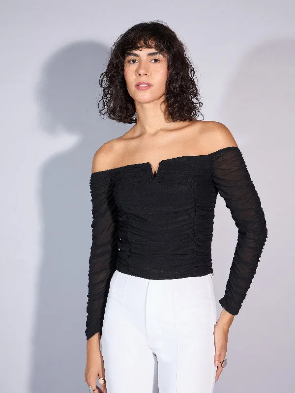 Take Advantage Women Black V Neck Ruched Top
