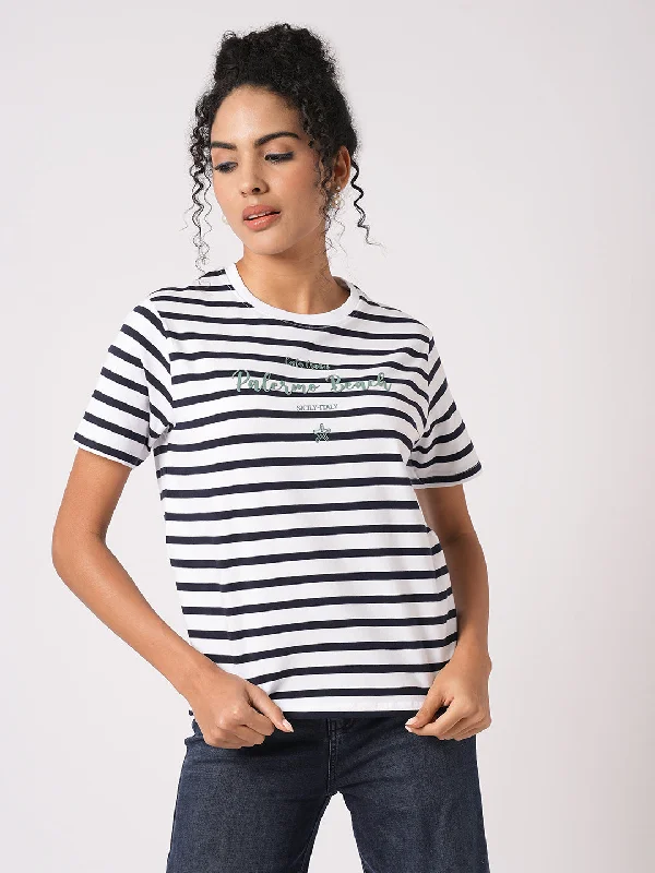 Women Slim Fit Navy/White Boxy T-Shirt Chest Print