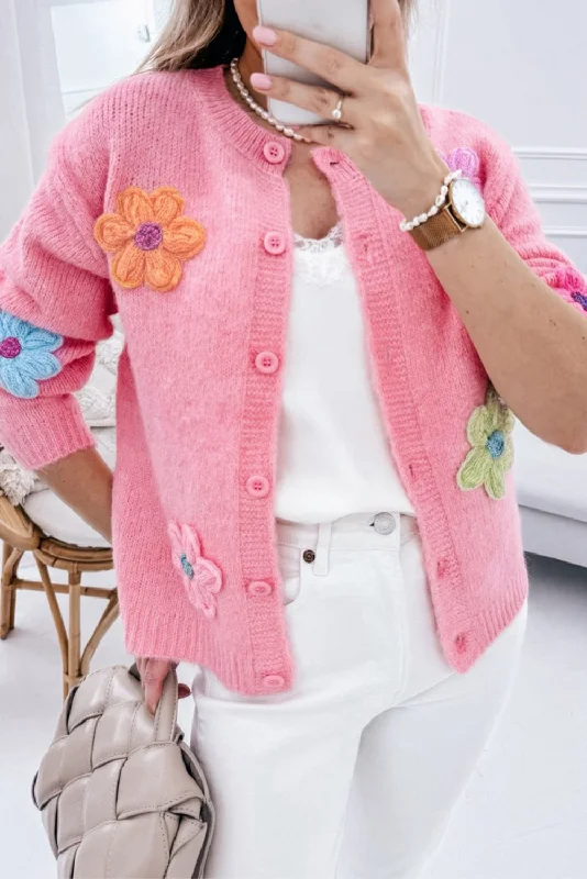 Cute Knitted Floral Pattern Button Up Cardigan