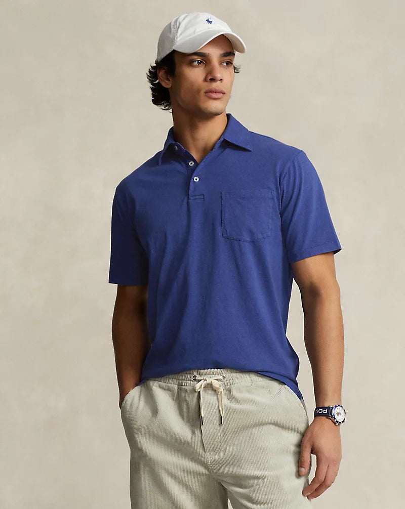 Short Sleeve Cotton Linen Polo with Pocket in Beach Royal