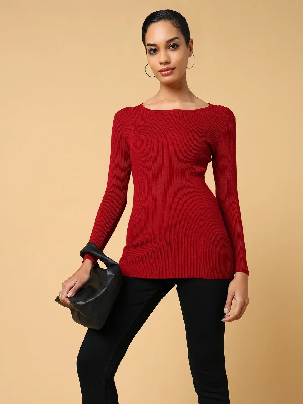 Year-End Clearance Women Solid Maroon Fitted Top