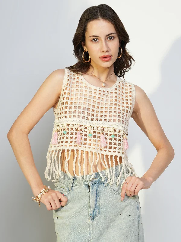 Super Bargain Women Cream Solid Crop Crochet Top